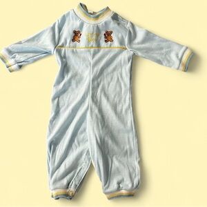 Vintage blue baby romper with yellow trim and teddy bear embroidery
